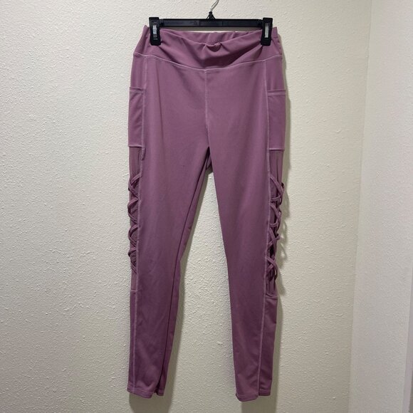 Womens Lavender High-Waisted Leggings With Side Crisscross Detail & Pockets L/XL - Picture 2 of 12